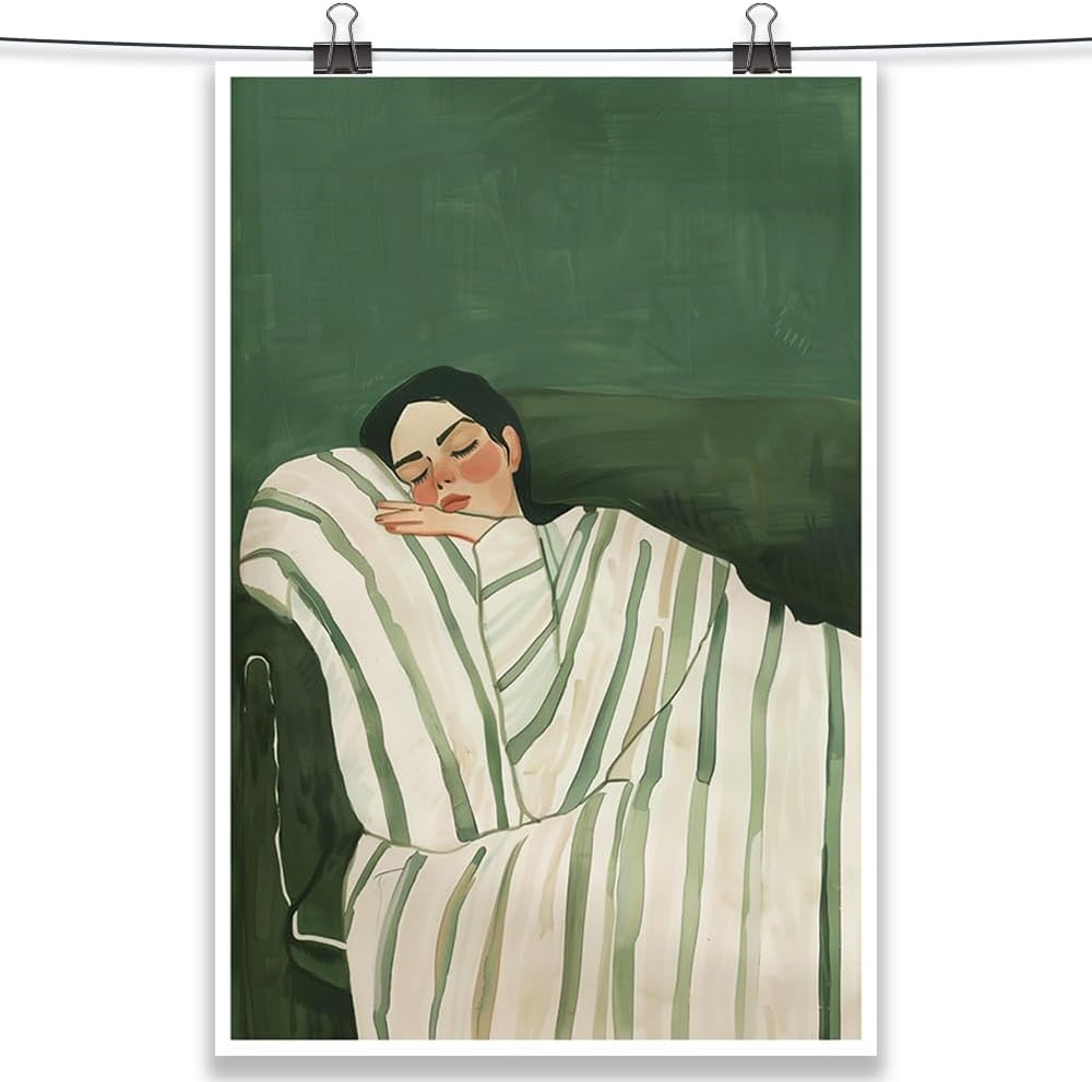 Contemporary Woman Lying on Couch Wall Art Eclectic Emerald Green Posters Minimalist Stripe Decor Modern People Canvas Prints Feminist Aesthetic for Large Living Room Bedroom 12x16in Unframed - Image 2
