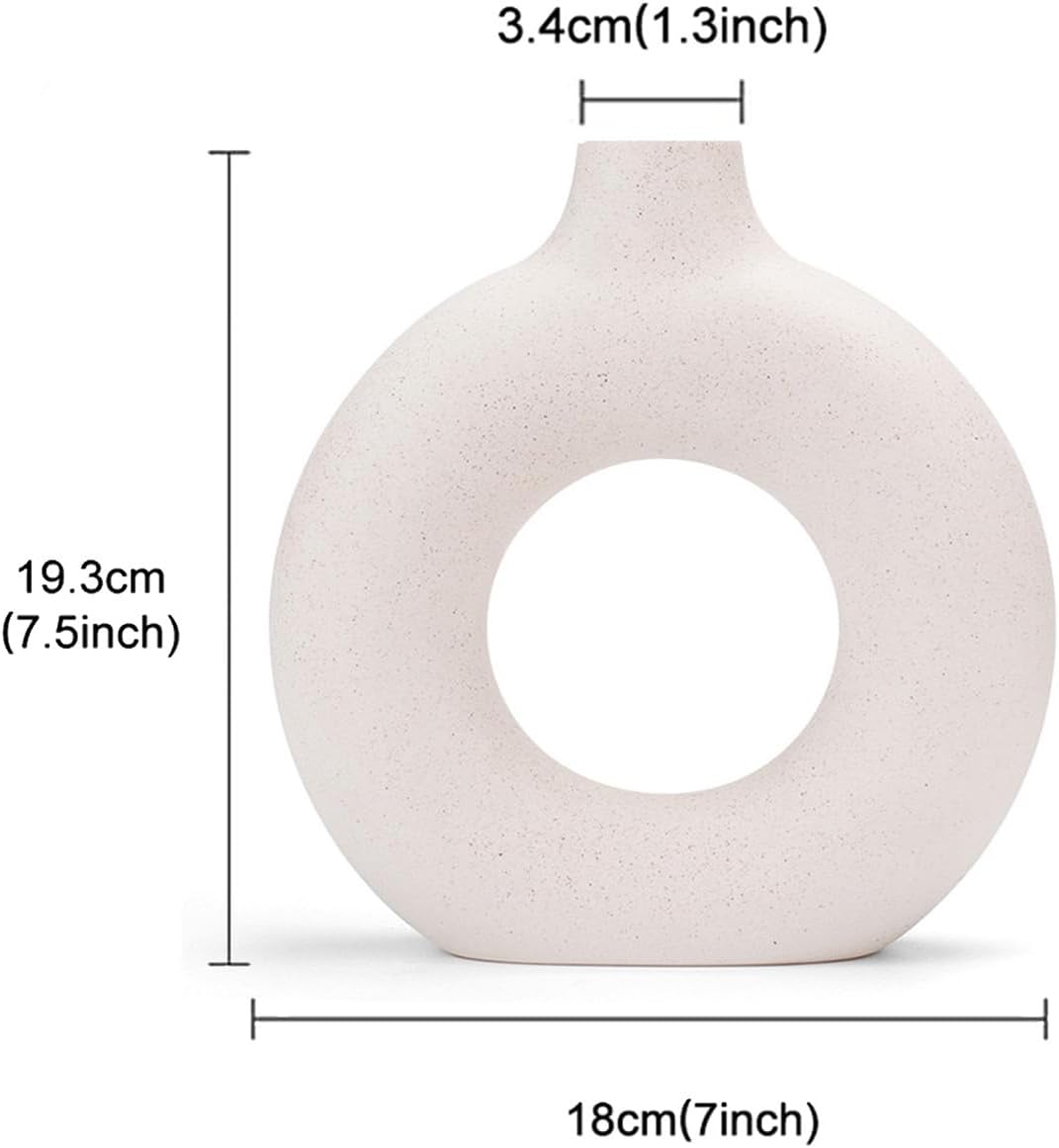 White Donut Vase Hollow Ceramic Vase for Flowers Handmade Minimalist Boho ins Style Modern Home Decor for Wedding Dinner Table Party Living Room Office Bedroom(M) - Image 2