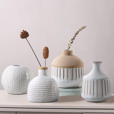 Minimalist Small Ceramic Vase Set of 4 for Bedroom Living Room Office Fireplace Centerpiece Antique White Vintage Farmhouse Rustic Retro Flower Vases Home Decor Gift for Fake Plants