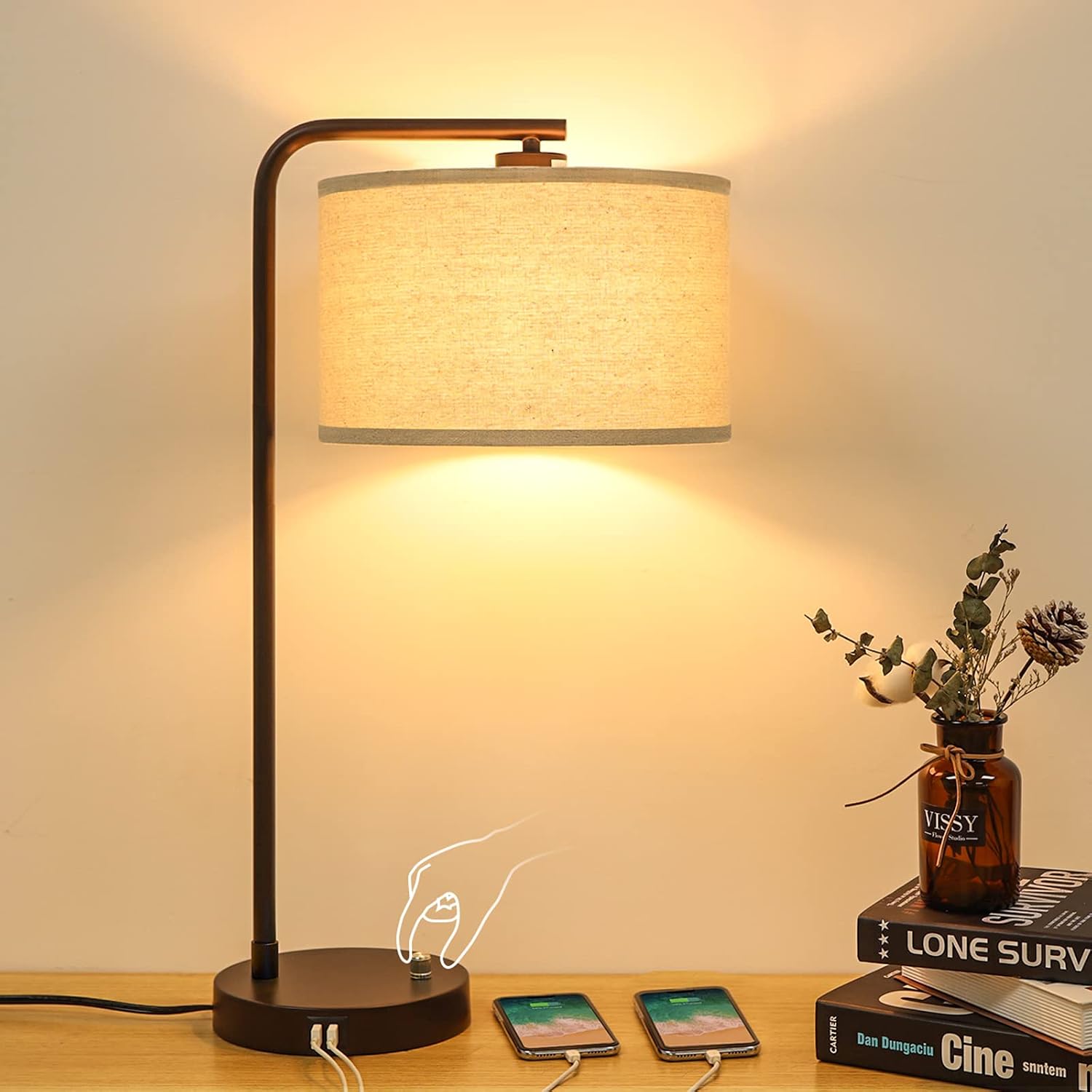Dimmable Side Table Lamp with Dual USB Interface