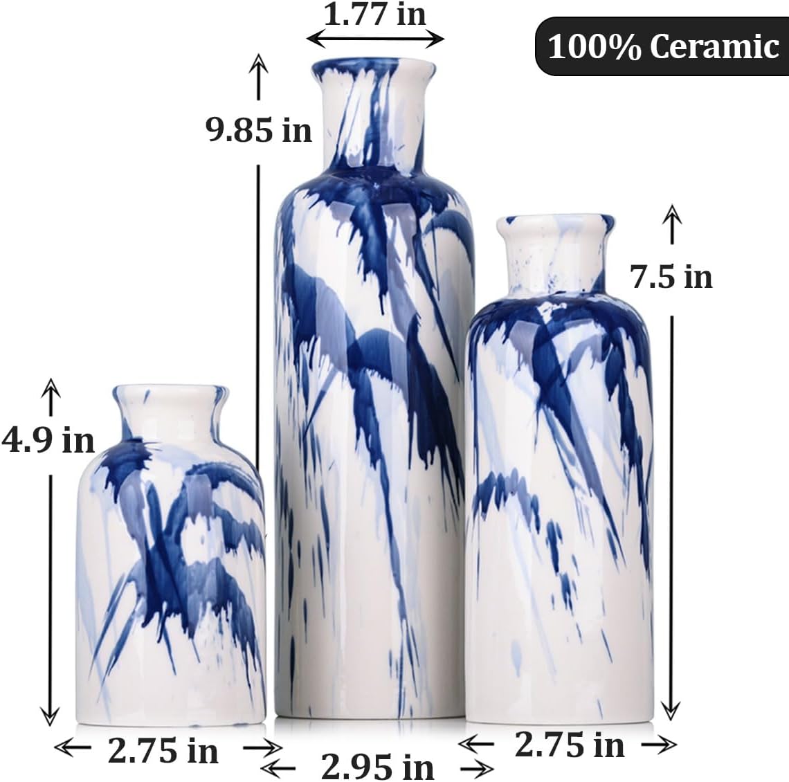 Blue Ceramic Vase Set of 3 - Decorative Navy Blue and White Vase for Centerpieces, Farmhouse and Home Decor - Ideal for Living Room, Kitchen, Bedroom, Dining Table and Office Decor - Image 2