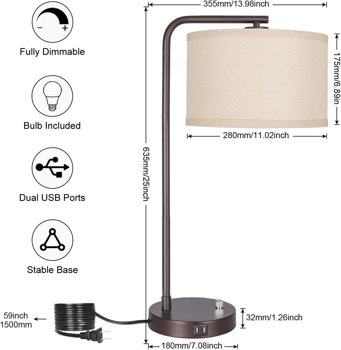 Dimmable Side Table Lamp with Dual USB Interface - Image 2
