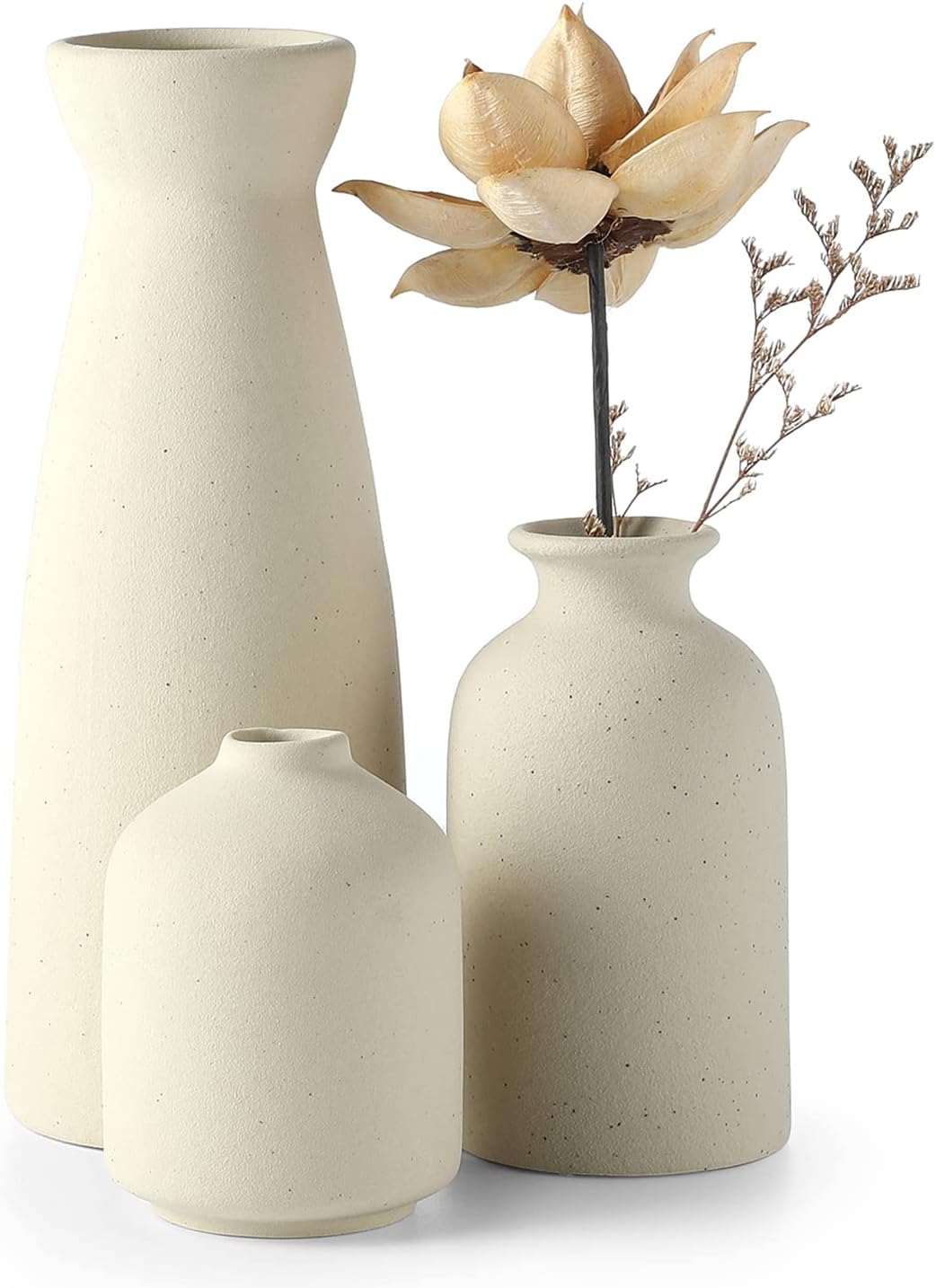 Beige Ceramic vase Set-3 Small Flower vases for Decor,Modern Boho Farmhouse Home Decor,Decorative vase for Pampas Grass&Dried Flowers,idea Shelf,Table,Bookshelf ,Entryway- Distressed