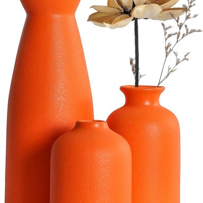 Ceramic Orange Vases Set of 3 Small Flower Vases for Decor, Modern Rustic Farmhouse Home Decor, Decorative Vases for Pampas Grass,Idea Shelf,Table,Bookshelf,Entryway- Distressed Decor