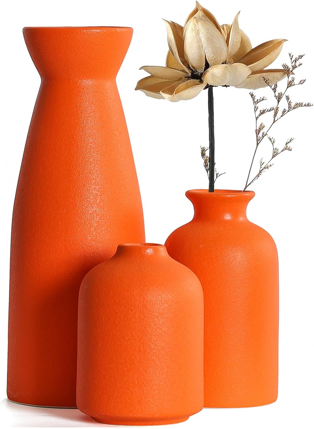 Ceramic Orange Vases Set of 3 Small Flower Vases for Decor, Modern Rustic Farmhouse Home Decor, Decorative Vases for Pampas Grass,Idea Shelf,Table,Bookshelf,Entryway- Distressed Decor