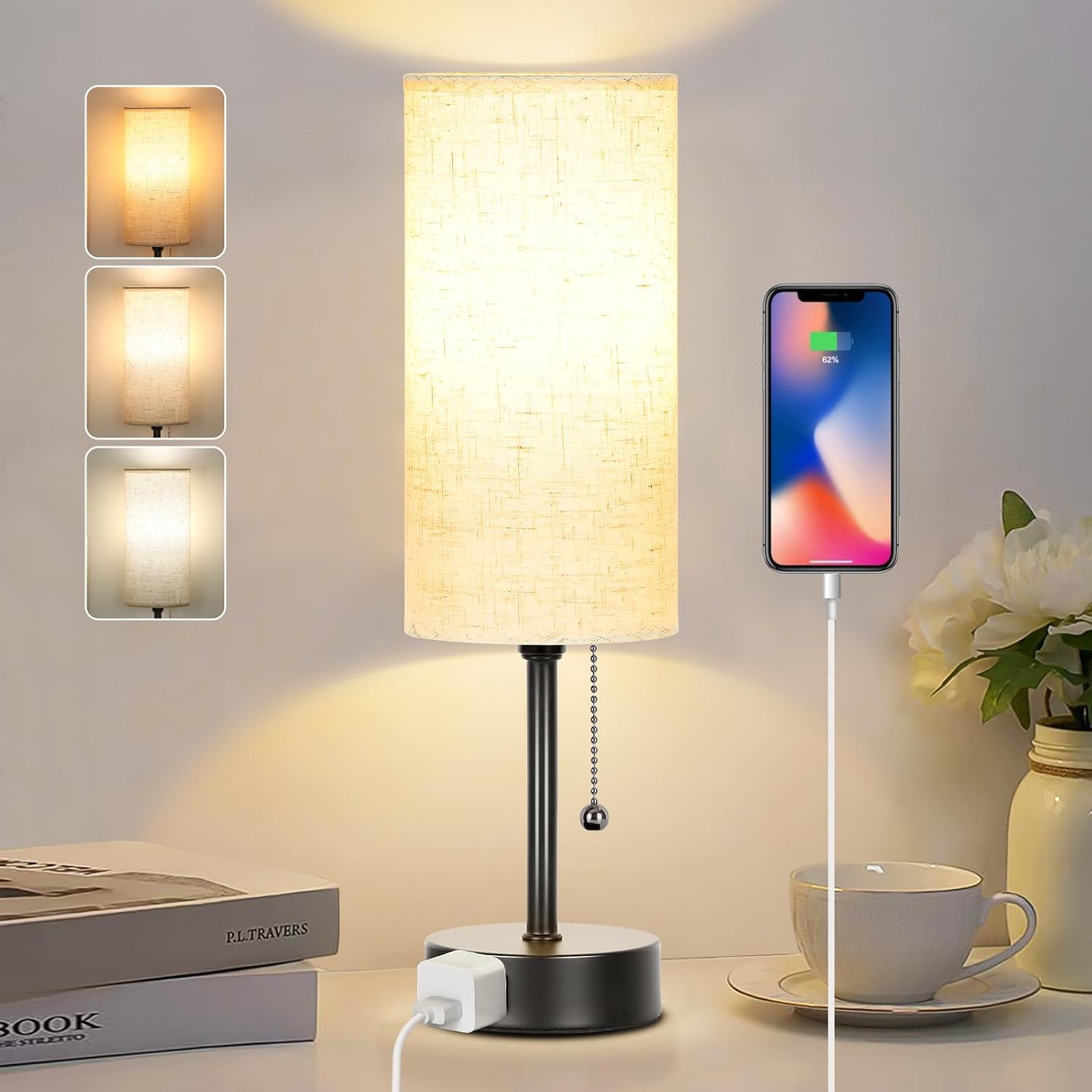 15-inch Tri-Color Bedside Table Lamp with Zipper Switch