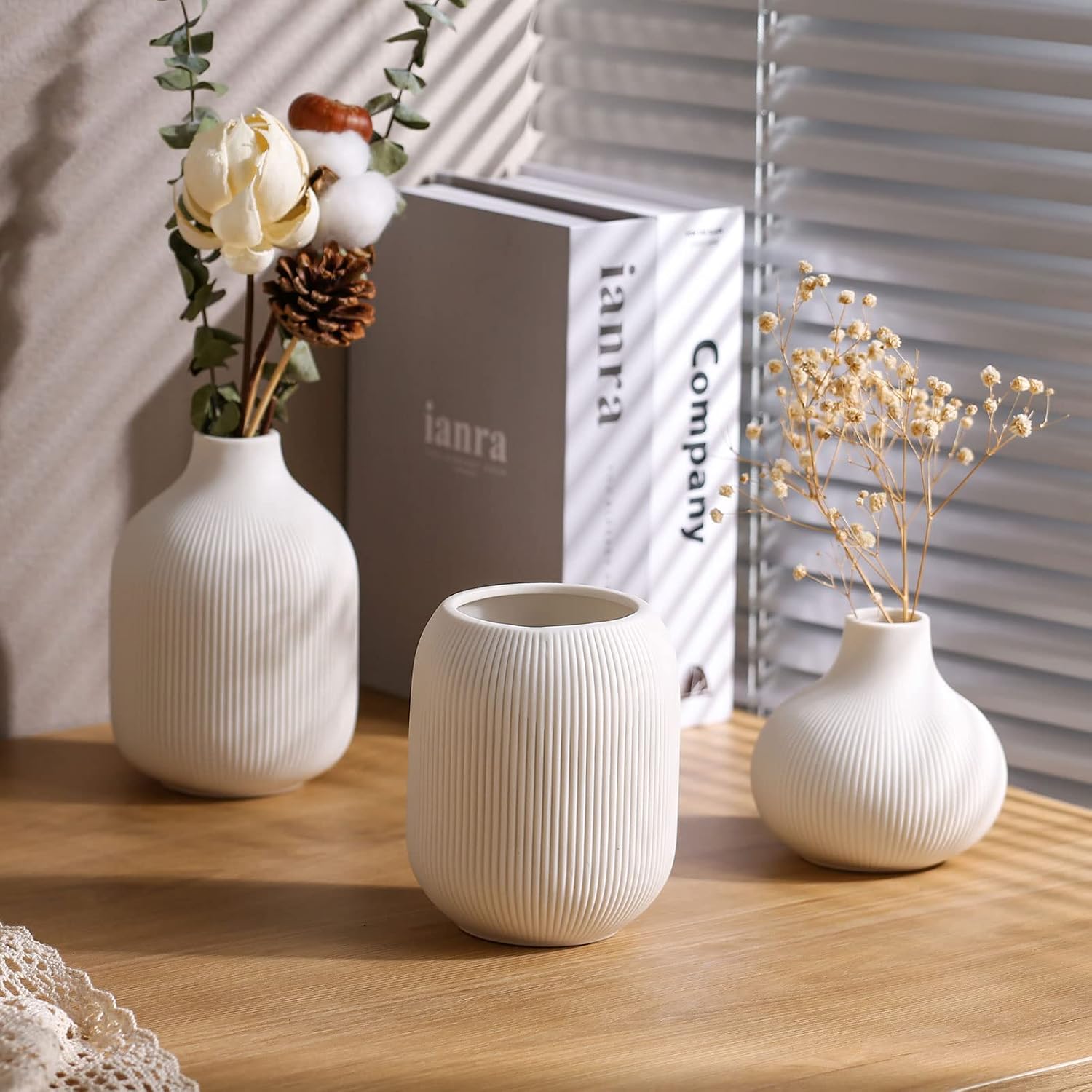 Modern Minimalist White Ceramic Decor Vase Set of 3, Neutral Small Ribbed Vases for Table, Shelf, Bookshelf, and Entryway - Image 2