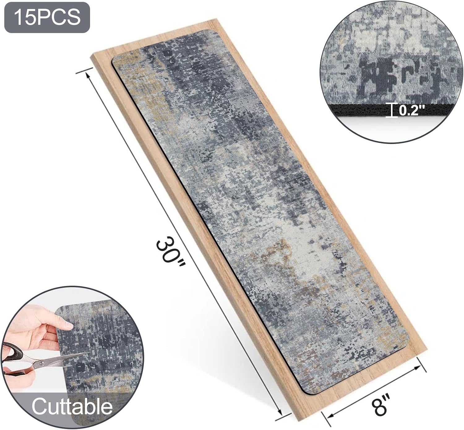 Stair Treads Non Slip for Wooden Steps, 15PCS 8"x30" Grey Rubber Backing Stair Runner Mats, Washable Reusable Carpet for Stairs Rugs Indoor Safety Staircase Step Treads for Kids Elders Dogs - Image 2