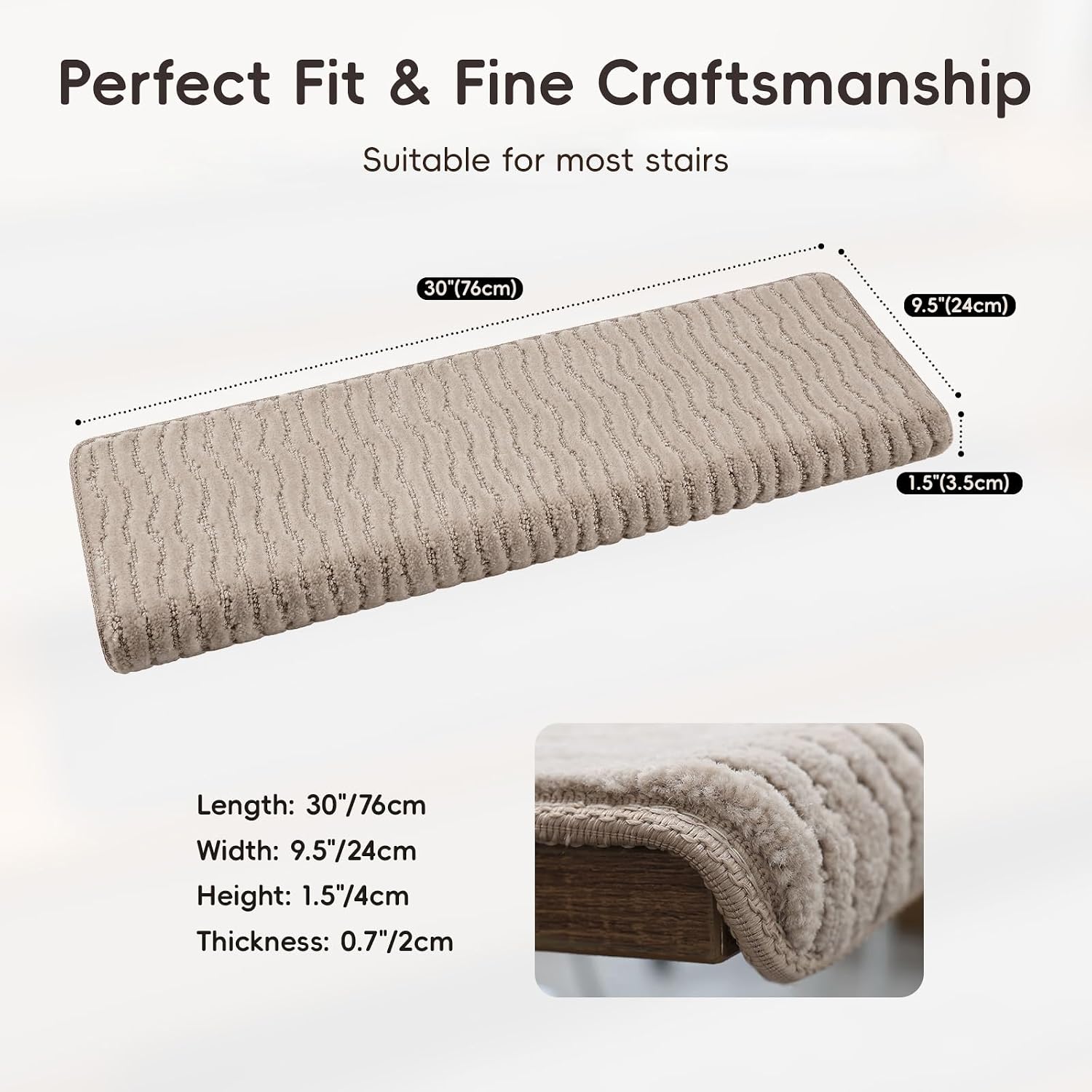 Thick Cushioned Rounded Bullnose Carpet Stair Treads for Wooden Steps – Self-Adhesive Peel and Stick Non-Slip Rug, Soft Plush Edging Stair Protectors(9.5"x30"x1.5",Beige Gray,14PCS) - Image 2