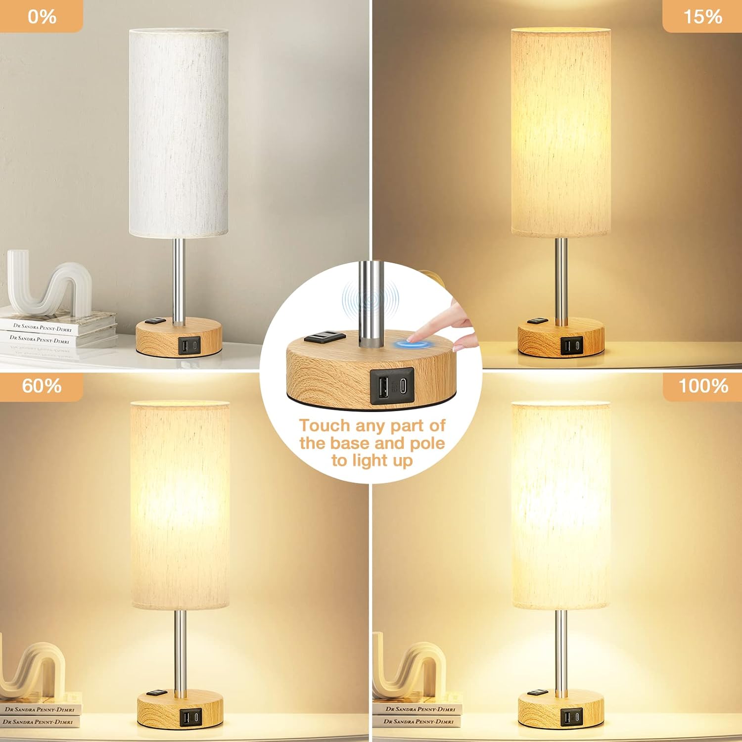 Dimmable Touch Bedside Lamp, USB-C and AC Power Socket - Image 2