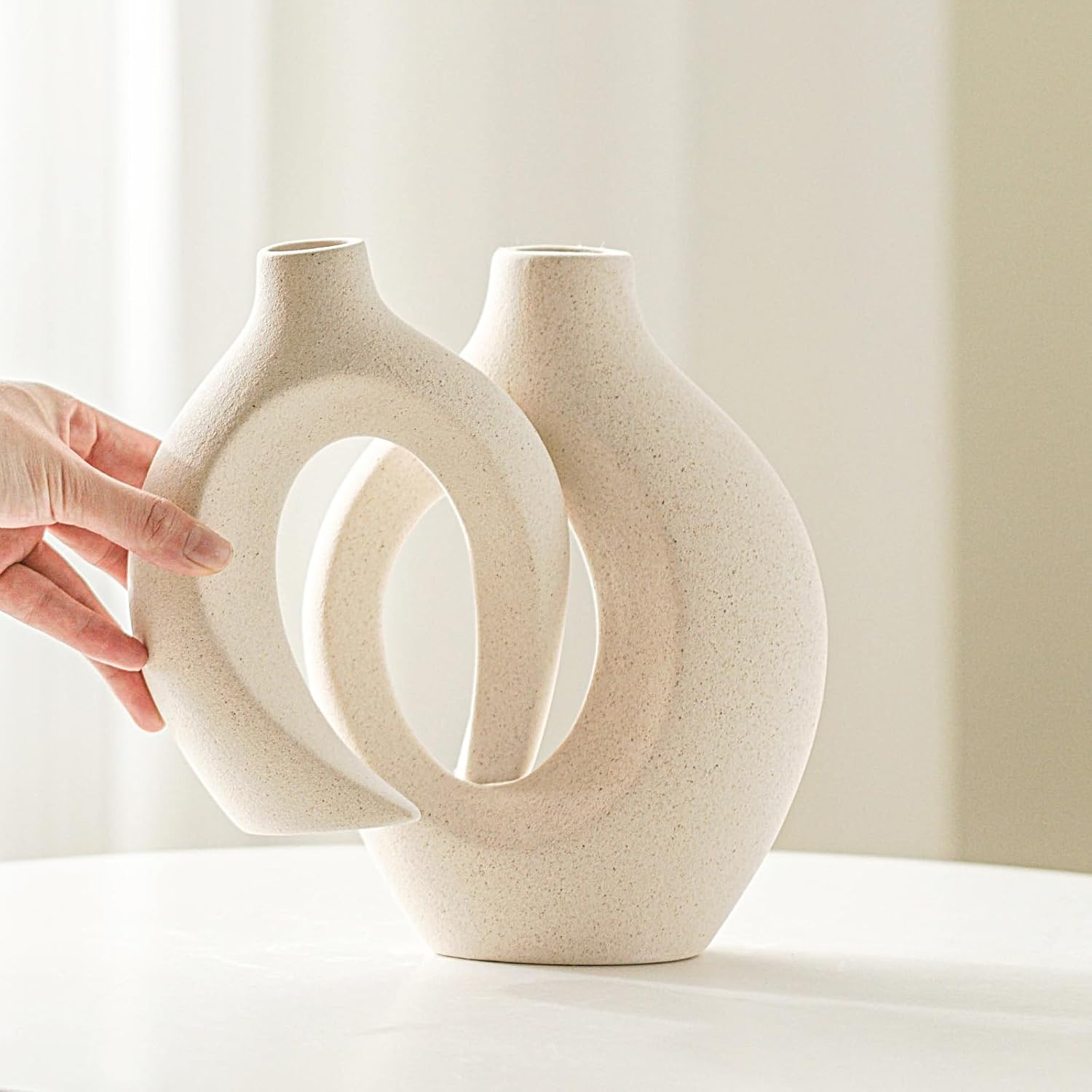 Hollow Ceramic Vase Set of 2, Nordic Modern Boho ins Style Decorative Ceramic Aesthetic Flower Vase for Home Decor (Milky White W 6.3" X H 8.4") - Image 2