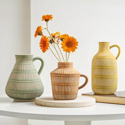 Ceramic Vase Set of 3 for Living Room Bedroom Modern Yellow Brown Green Fake Flower Plant Vases for Home Decor Office Centerpieces Antique Retro Rustic Farmhouse Vintage Classic Gift