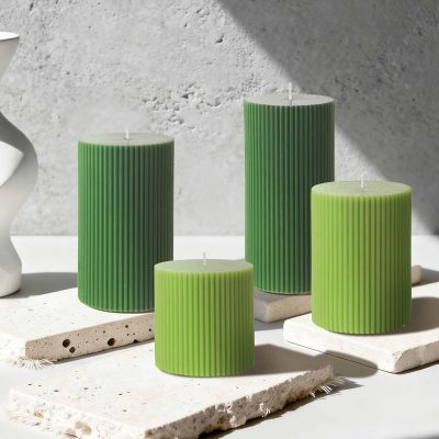 Four-piece ribbed column-shaped soy wax scented candle set | 3×3/4/5/6 inches | Roman column style | Christmas/bathroom/home decor (sage green)