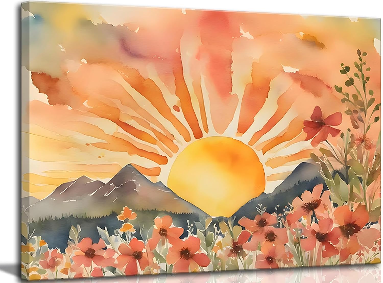 Canvas Wall art Mid-Century Modern Abstract Bohemian Sunset in The Mountains Watercolor Wildflowers Sunrise Landscape Picture Wall Decor Poster Print Artwork for Living Room Bedroom