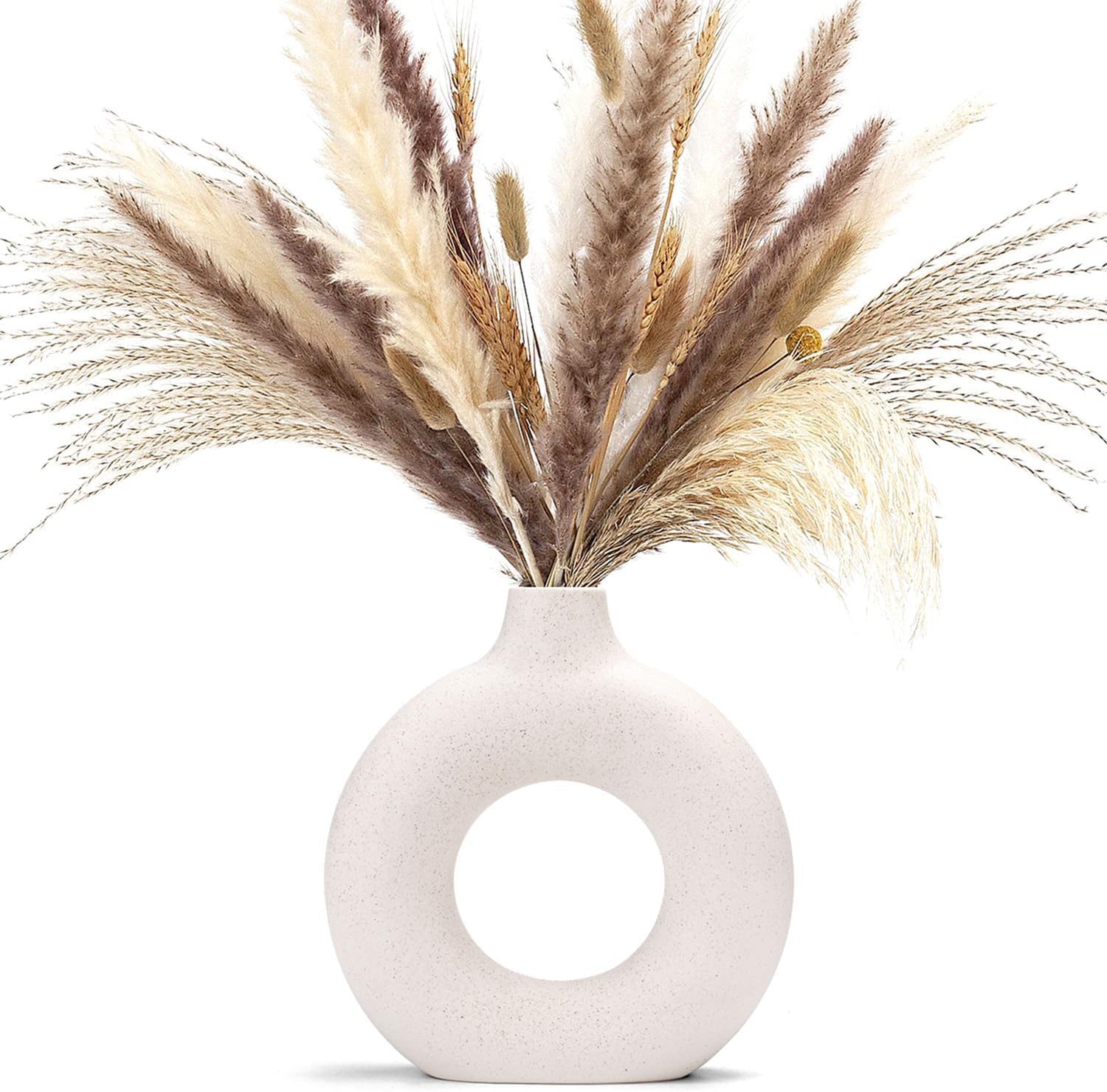 White Donut Vase Hollow Ceramic Vase for Flowers Handmade Minimalist Boho ins Style Modern Home Decor for Wedding Dinner Table Party Living Room Office Bedroom(M)