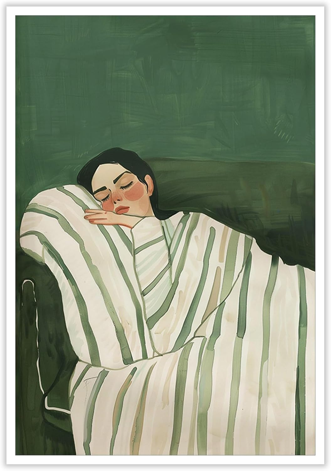Contemporary Woman Lying on Couch Wall Art Eclectic Emerald Green Posters Minimalist Stripe Decor Modern People Canvas Prints Feminist Aesthetic for Large Living Room Bedroom 12x16in Unframed