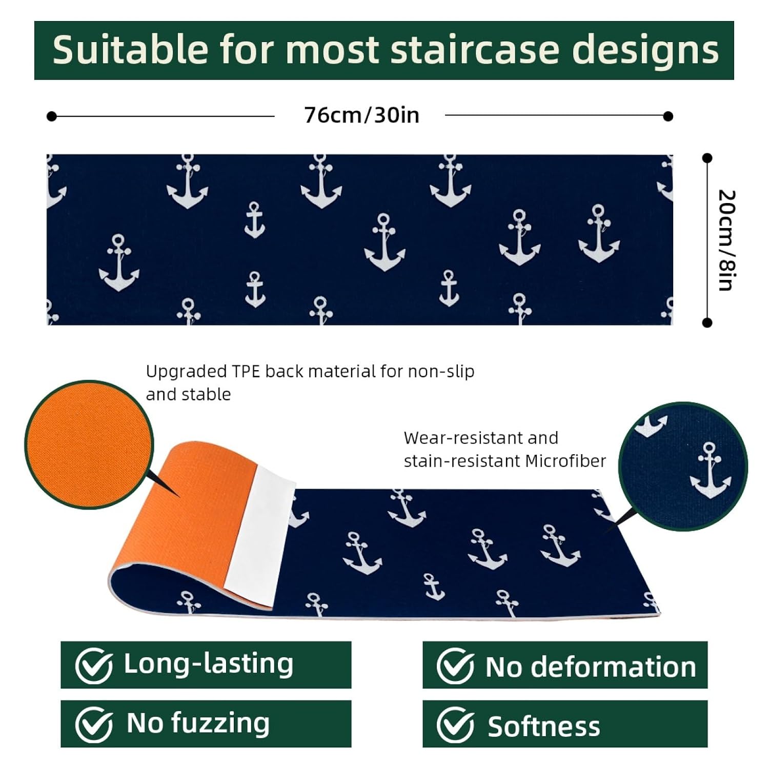 15 Pcs Non Slip Carpet Stair Treads, Navy Nautical Anchor Stair Runners for Wooden Steps Indoor, Stair Carpet Runners Safety Mats with Adhesive for Dogs Kids and Elders, 30"x8" - Image 2