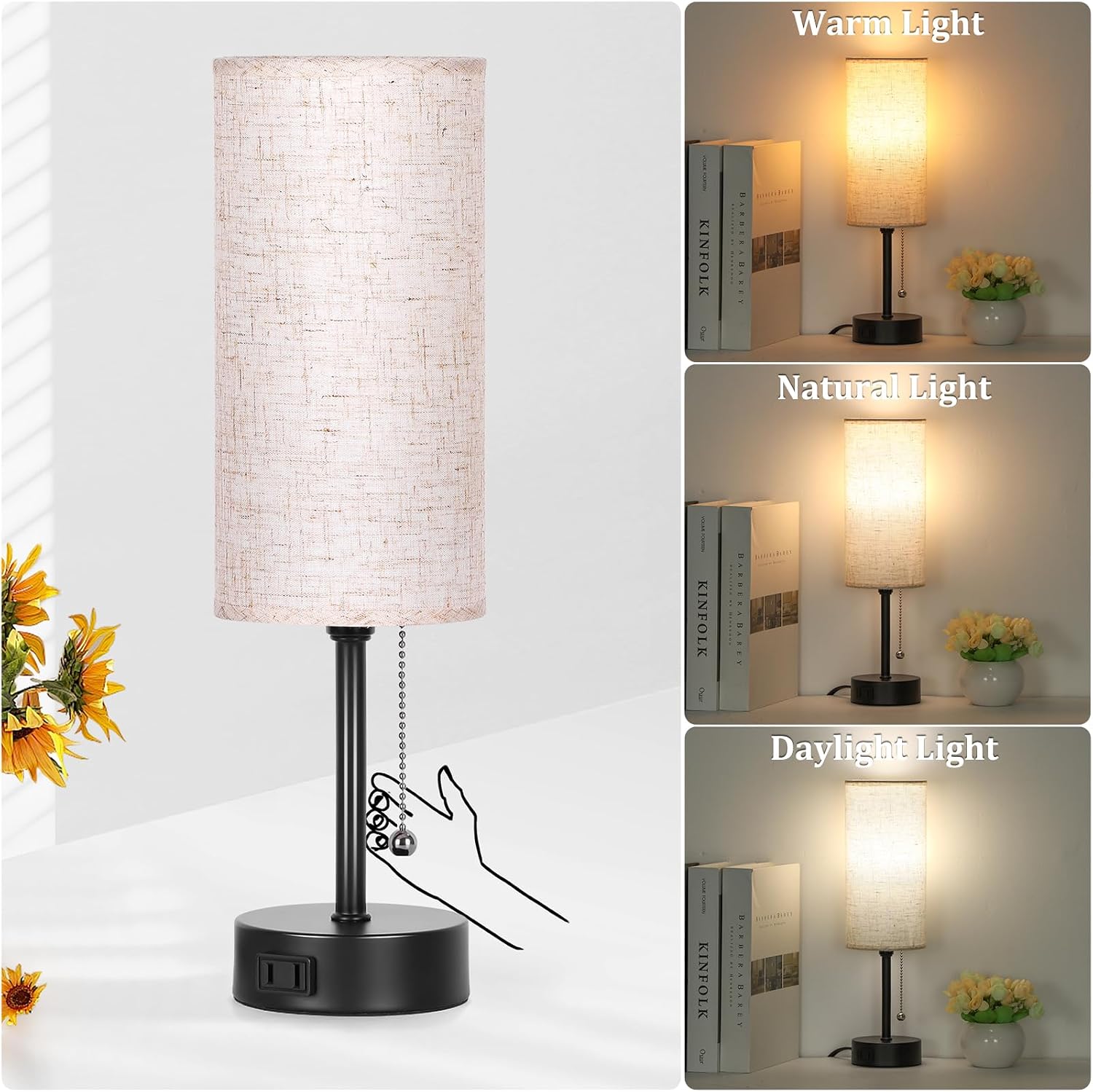 15-inch Tri-Color Bedside Table Lamp with Zipper Switch - Image 2