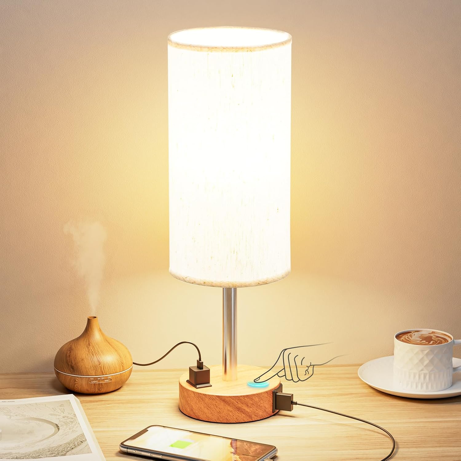 Dimmable Touch Bedside Lamp, USB-C and AC Power Socket