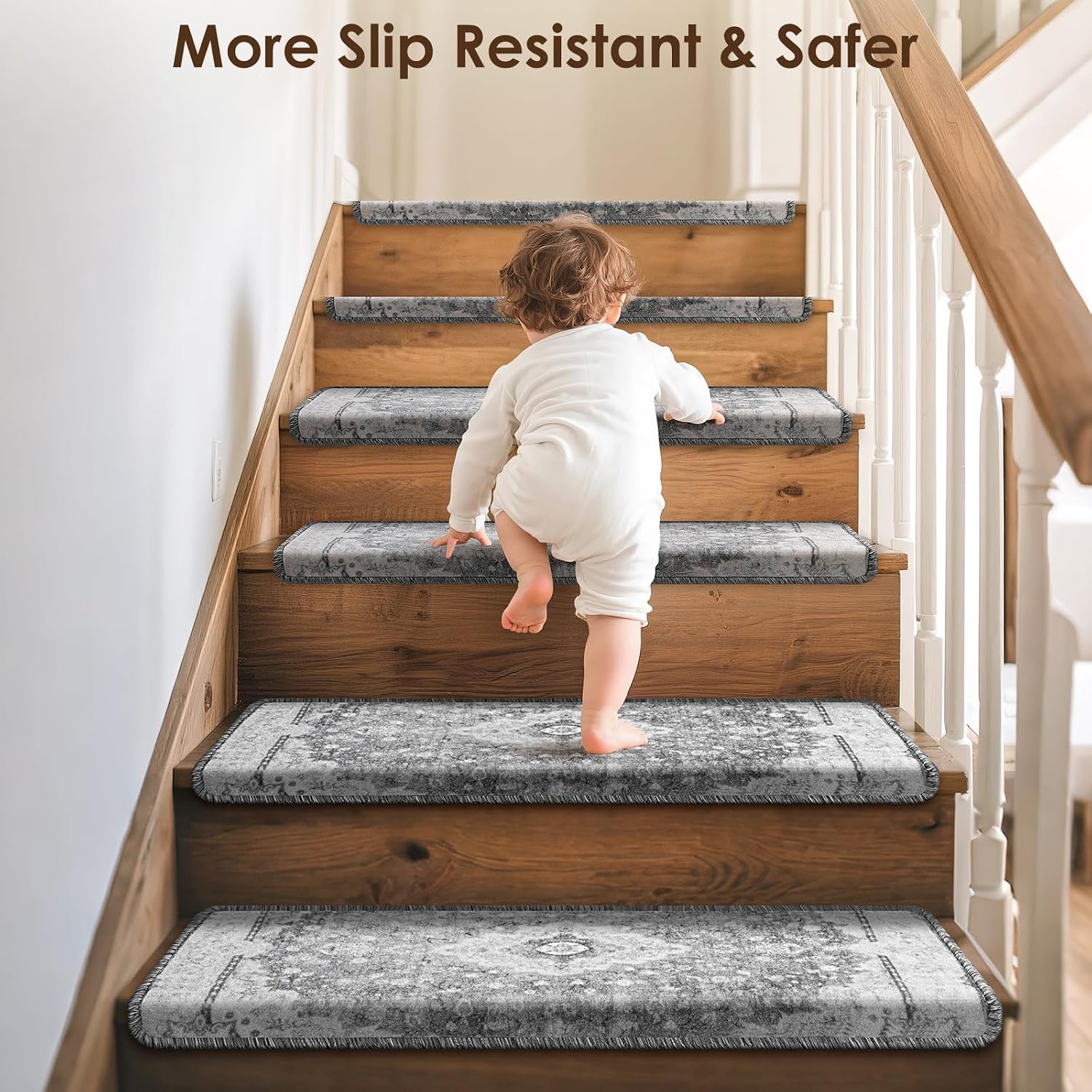 Bullnose Stair Treads for Wooden Steps, Non Slip Stair Carpet for Indoor Runner and Pets, Soft Edging Staircase Protectors Reusable, Washable, 29.5"x9.5"x1.5" 14pcs, Grey - Image 2