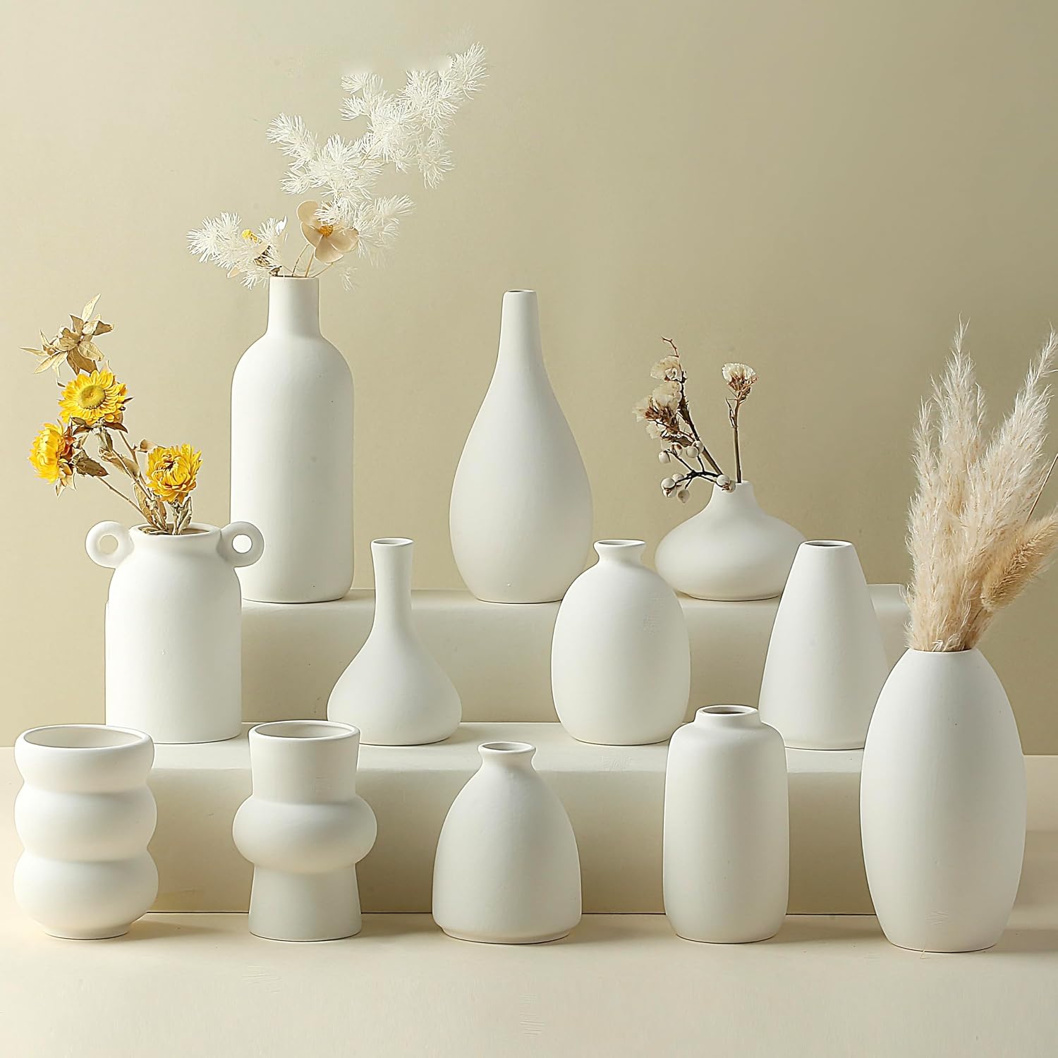 Set of 12 White Ceramic Vase for Pampas Grass Flowers, Small Vases in Bulk for Wedding Centerpieces, Shelf and Table Decorations, Living Room and Bedroom Decor, DIY Gift