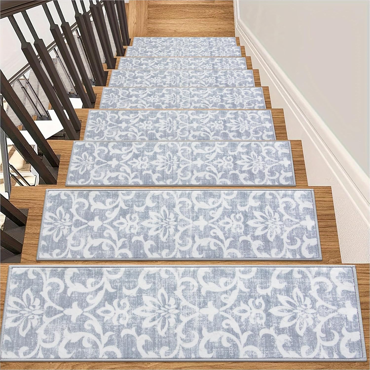 Carpet Stair Treads Non Slip Backing, 15 Pack 8" X 30" Stair Treads for Wooden Steps Indoor, Soft Washable Stairway Stair Runners Oriental Staircase Rugs for Kids Pets Elders(15pc, Grey)
