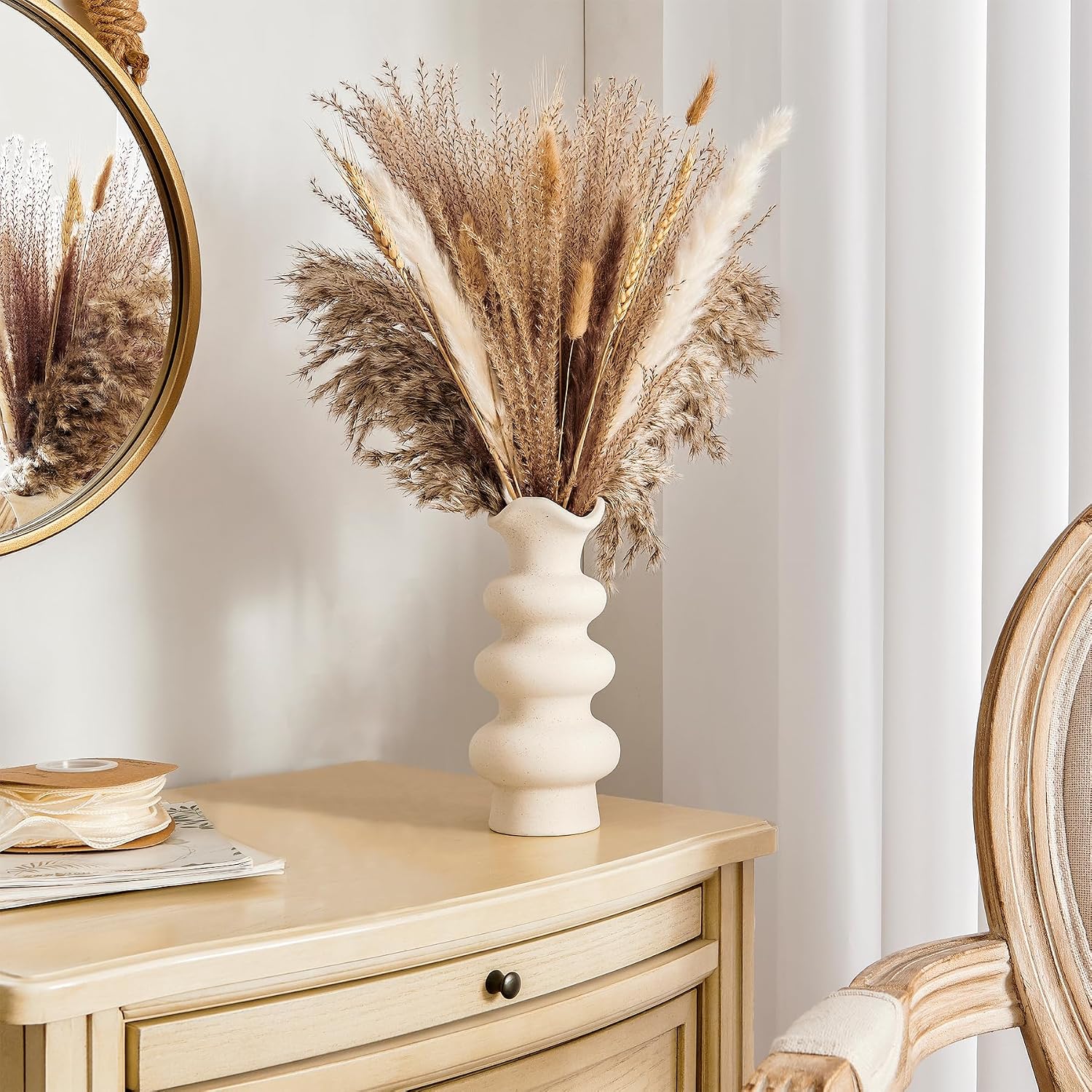 Modern Decorative White Ceramic Vases for Home Decor 8.3 Inch, Fall Minimalist Vase for Pampas Grass, Boho Flower Vase, Aesthetic Cream Vase - Image 2