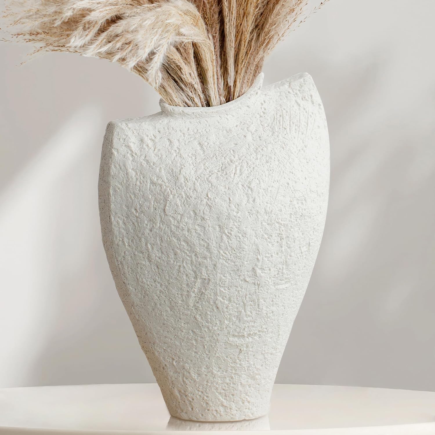 Large Ceramic Vase for Decor Living Room, 11 inch Tall White Ceramic Flower Vases, Boho Vase for Farmhouse Home Decor, Stone Textured Modern Nordic Artisan Vases for Centerpiece, Leak Proof