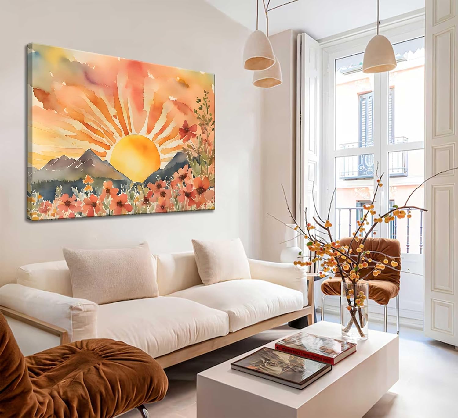 Canvas Wall art Mid-Century Modern Abstract Bohemian Sunset in The Mountains Watercolor Wildflowers Sunrise Landscape Picture Wall Decor Poster Print Artwork for Living Room Bedroom - Image 2