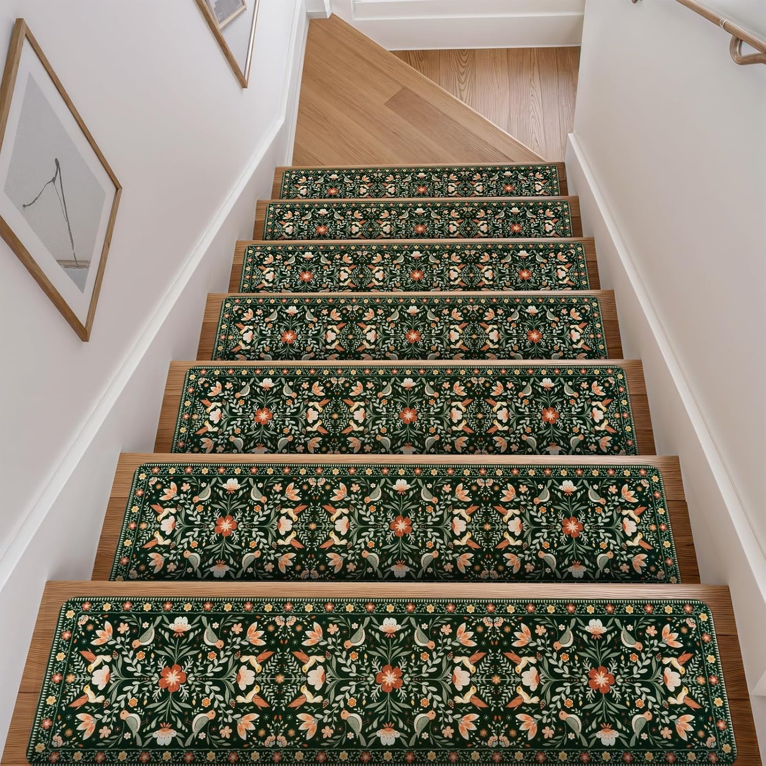 Floral Stair Treads Non-Slip Stair Runner for Wooden Steps Indoor 15PCS 30"x8" Carpet Stair Treads Stair Mats Staircase Step Treads for Kids, Elders and Dogs, Stair Covers, Black