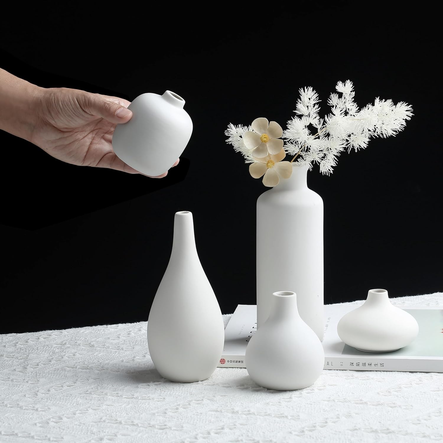 Set of 8 White Ceramic Vases for Dried Pampas Grass Flowers, Aesthetic Boho Modern Decor for Farmhouse Living Room Coffee Table Shelf Fireplace Centerpiece Bedroom Office Desk Home DIY Gifts - Image 2
