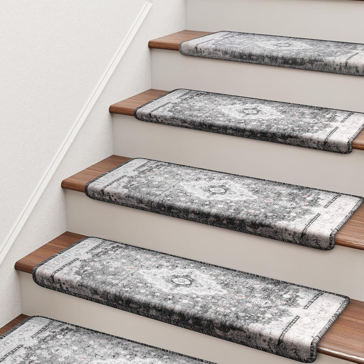 Bullnose Stair Treads for Wooden Steps, Non Slip Stair Carpet for Indoor Runner and Pets, Soft Edging Staircase Protectors Reusable, Washable, 29.5"x9.5"x1.5" 14pcs, Grey
