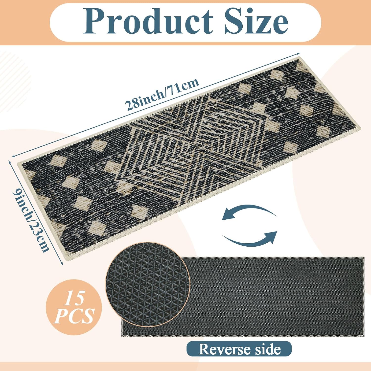 15 Pcs Non-Slip Stair Treads, for Wooden Steps - Safety Stair Mats with TPR Backing & Plush Surface, 28 x9 Indoor Outdoor Carpet Runners for Kids, Elders, Pets (Boho Style) - Image 2