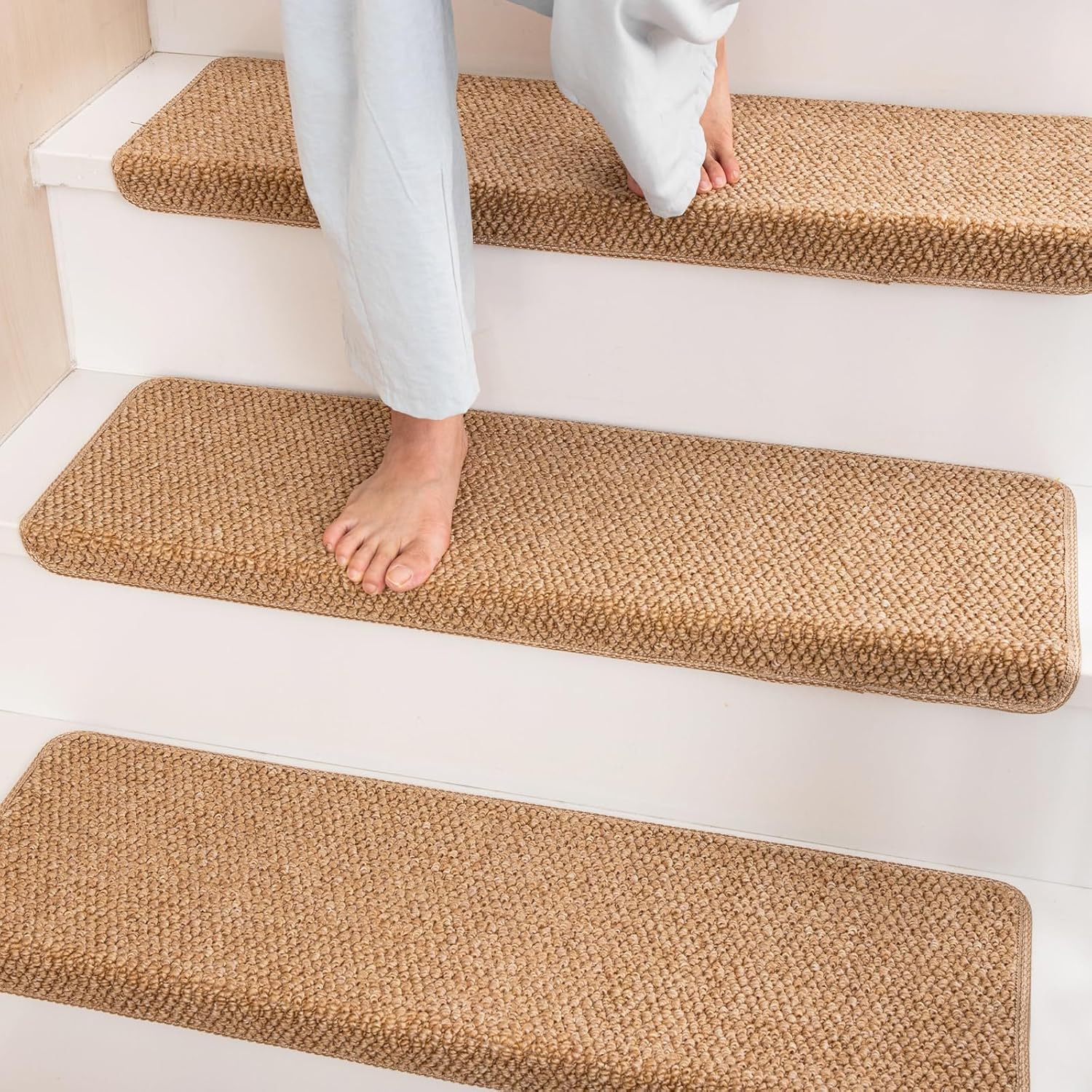 Bullnose Carpet Faux Sisal Stair Treads | Set of 14 | Stair Treads for Wooden Steps Indoor Anti Slip Braided Staircase Protector Pet Friendly Rugs Covers 9.44" X 29.5"x 1.9",Golden - Image 2