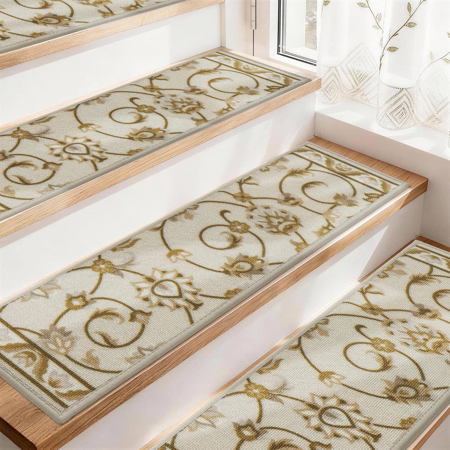 -Stair-Treads-for-Wooden-Steps Washable Indoor Stair Treads Non Slip 8" X 30" Soft Stair Carpet Treads Reusable Peel and Stick Stair Runner Rug for Kids, Elders and Pets 15pcs
