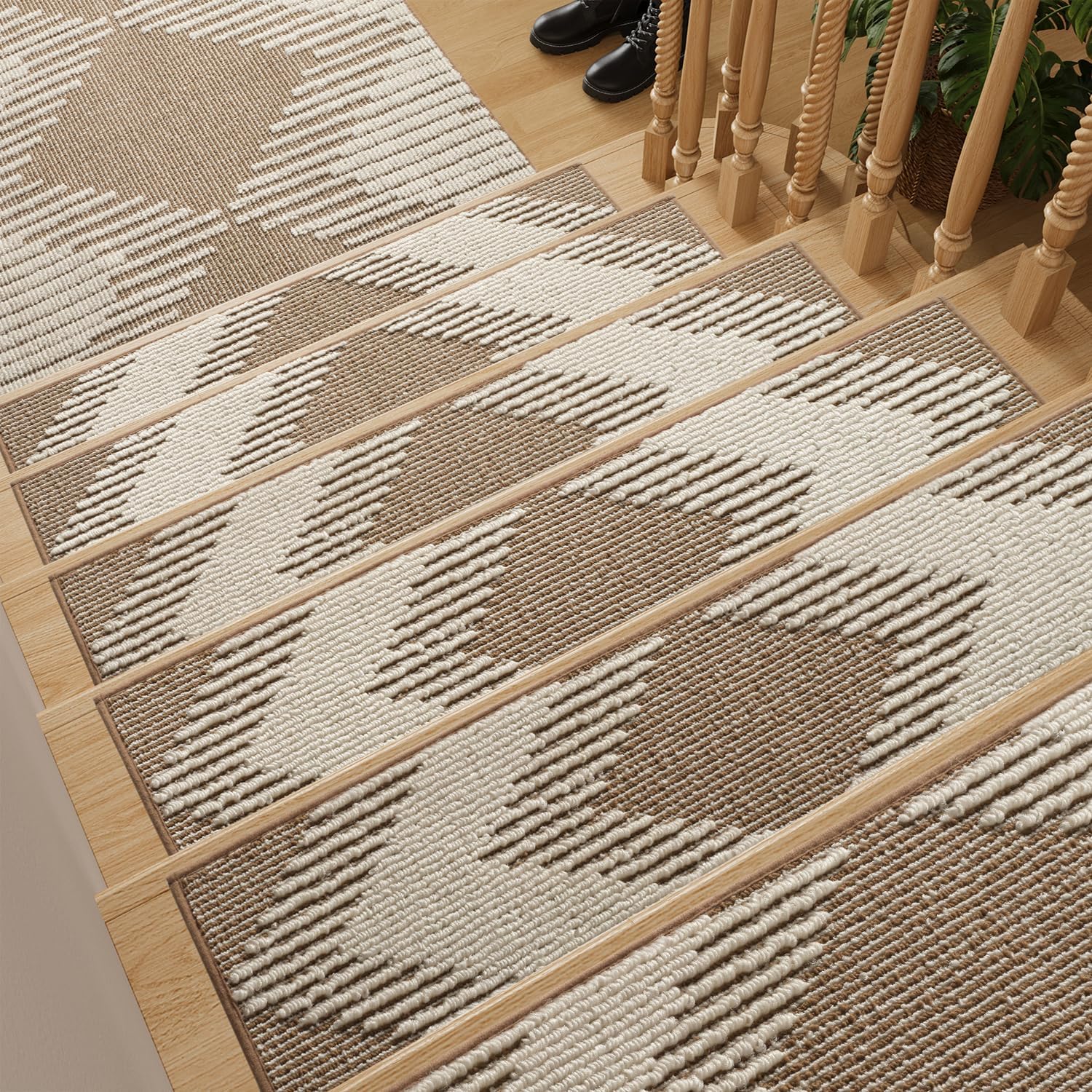 15PC Stair-Treads Non Slip, 3D Peel and Stick Stair Treads for Wooden Steps Indoor, Stair-Carpet Treads Washable Reusable Adhesive Stair-Runner Rugs for Kids and Dogs 8"x30" Brown