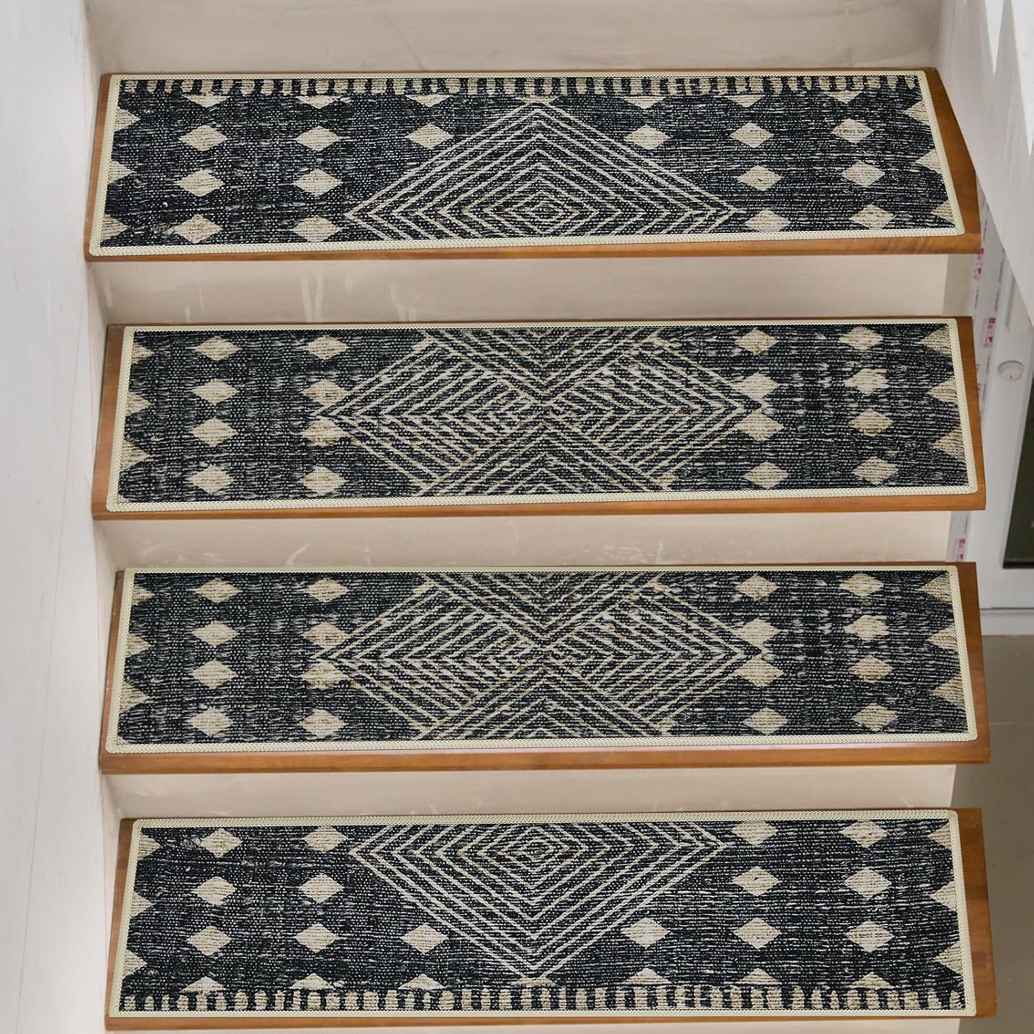 15 Pcs Non-Slip Stair Treads, for Wooden Steps - Safety Stair Mats with TPR Backing & Plush Surface, 28 x9 Indoor Outdoor Carpet Runners for Kids, Elders, Pets (Boho Style)