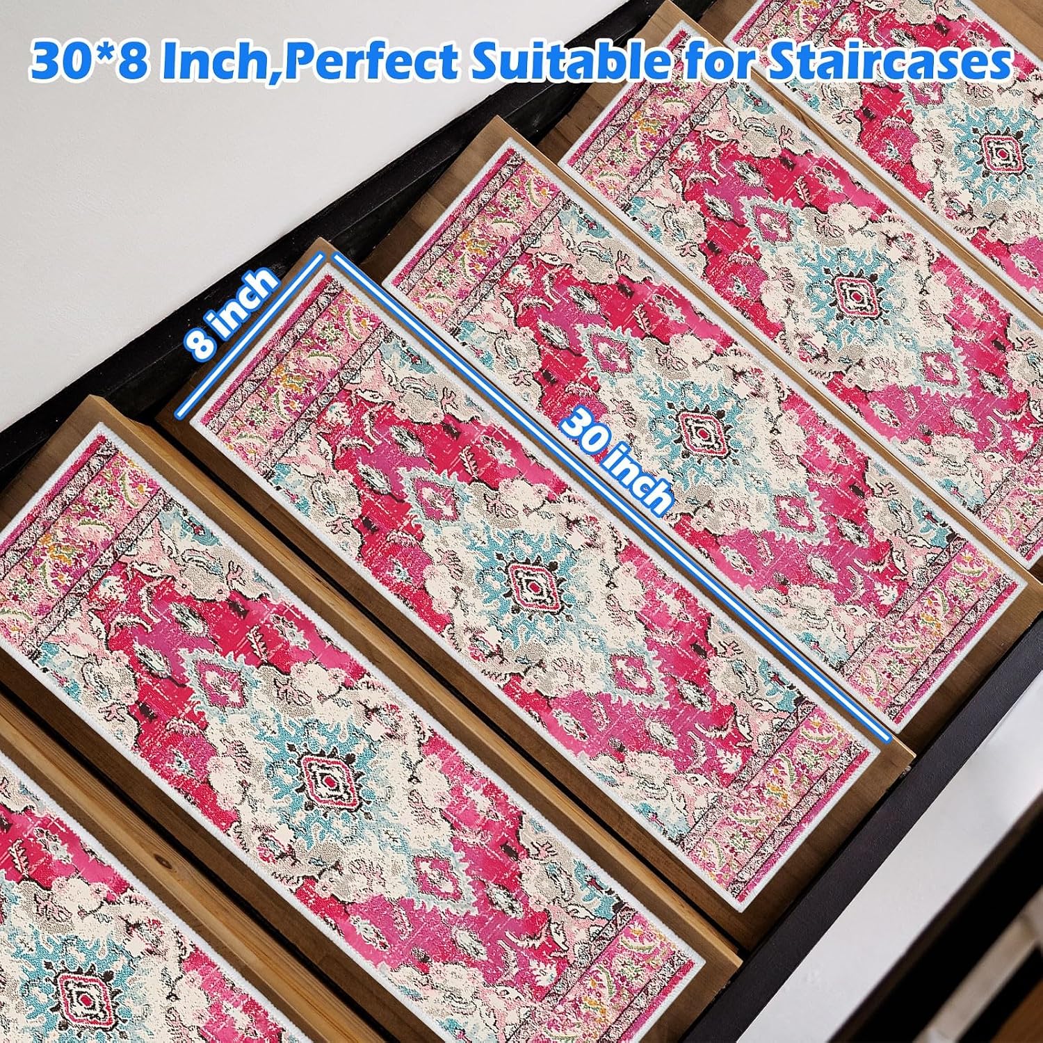 Edging Stair Treads Non-Slip Carpet Mat, 30in X 8in Indoor Stair Runners for Wooden Steps, Rubber Backing Stair Rugs for Kids Elders and Pets(Pink,15PCS) - Image 2